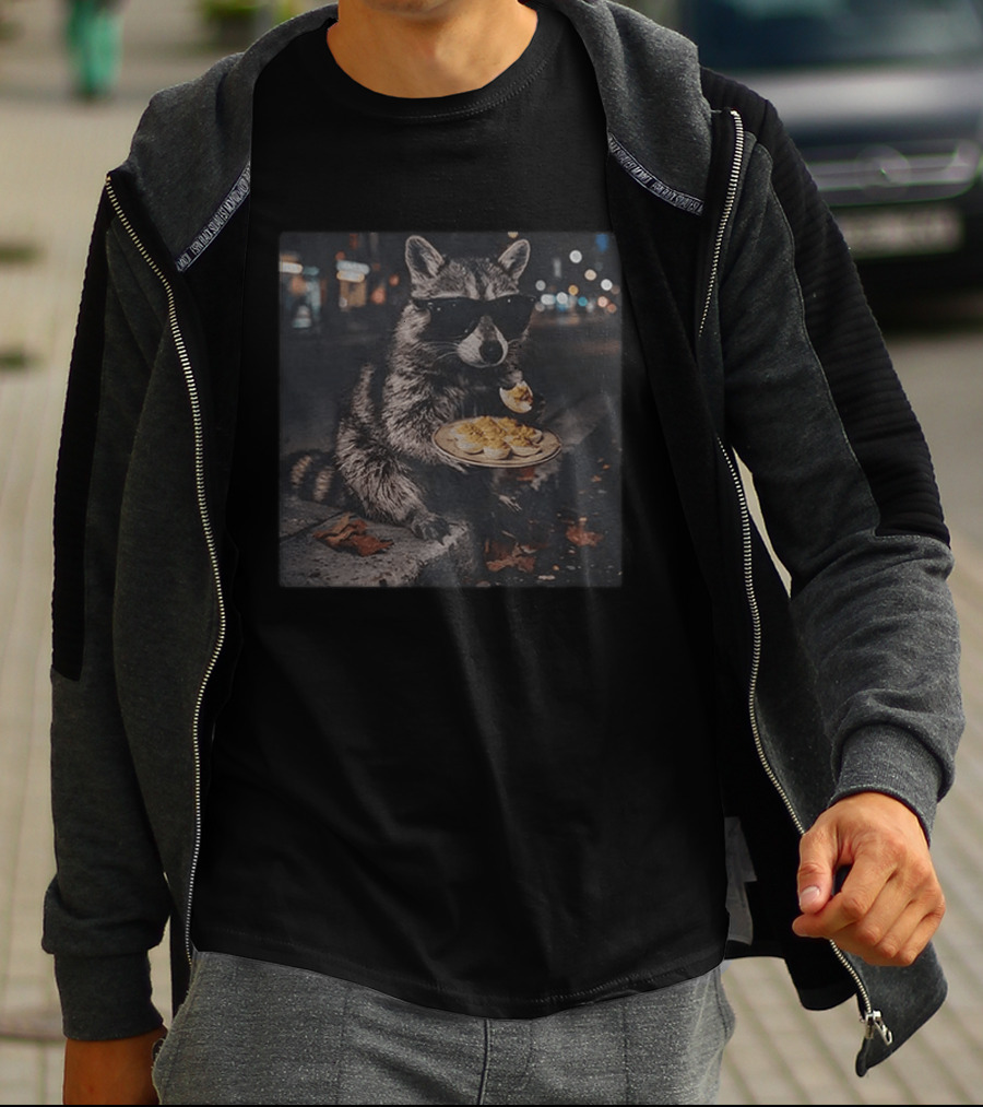 Raccoon Eating Deviled Eggs At Night Wearing Sunglasses T-Shirt