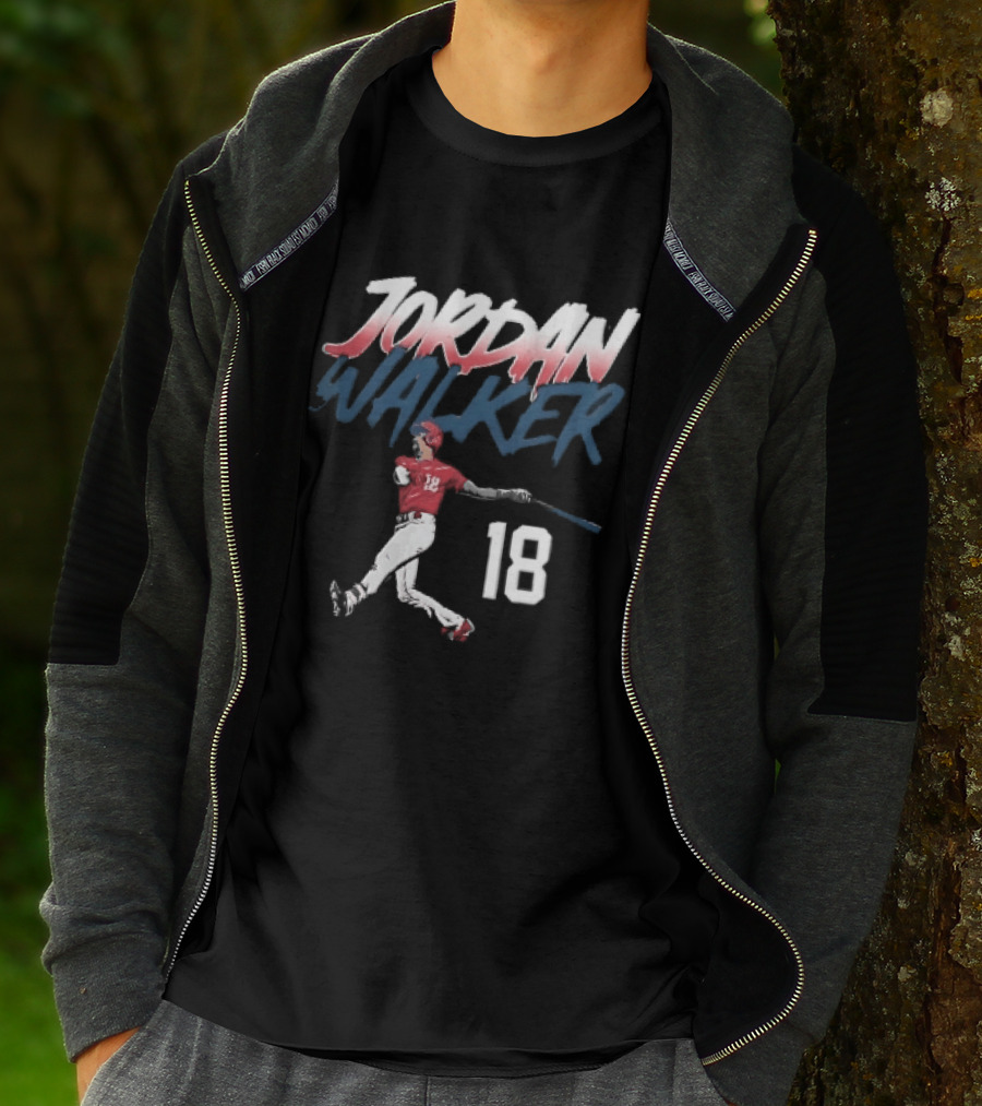 Jordan Walker 18 Baseball Red Uniform Swinging Bat Brush Lettering T-Shirt