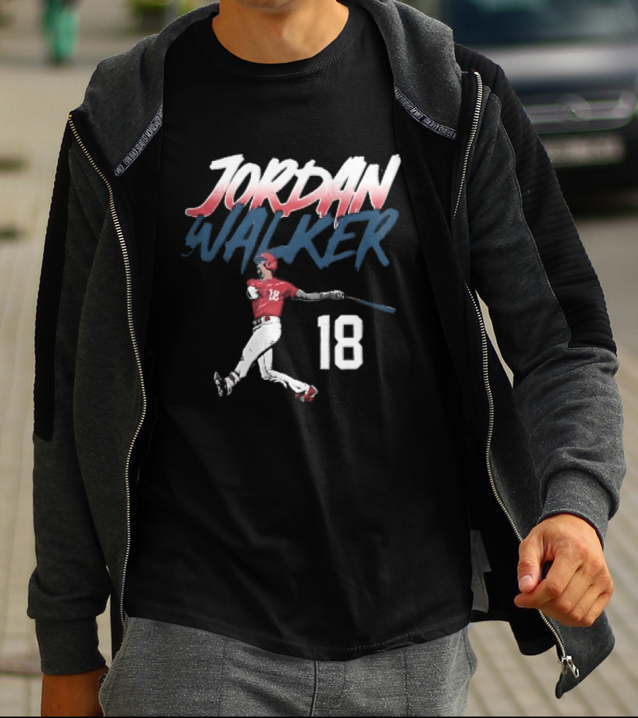 Jordan Walker 18 Baseball Red Uniform Swinging Bat Brush Lettering T-Shirt