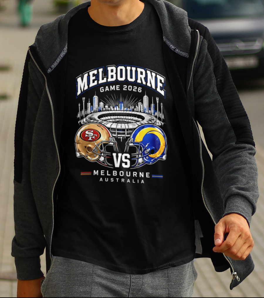 Melbourne Game 2026 San Francisco 49ers Vs Los Angeles Rams Australia Helmets T-Shirt