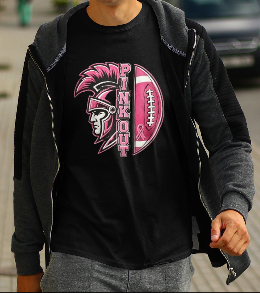Maroa Forsyth Trojans Pink Out Football Helmet Breast Cancer Awareness Ribbon T-Shirt