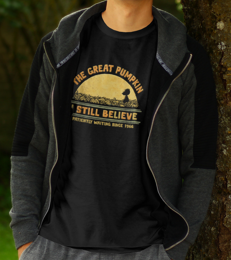 The Great Pumpkin I Still Believe Patiently Waiting Since 1966 Yellow Moon Snoopy Silhouette Distressed T-Shirt