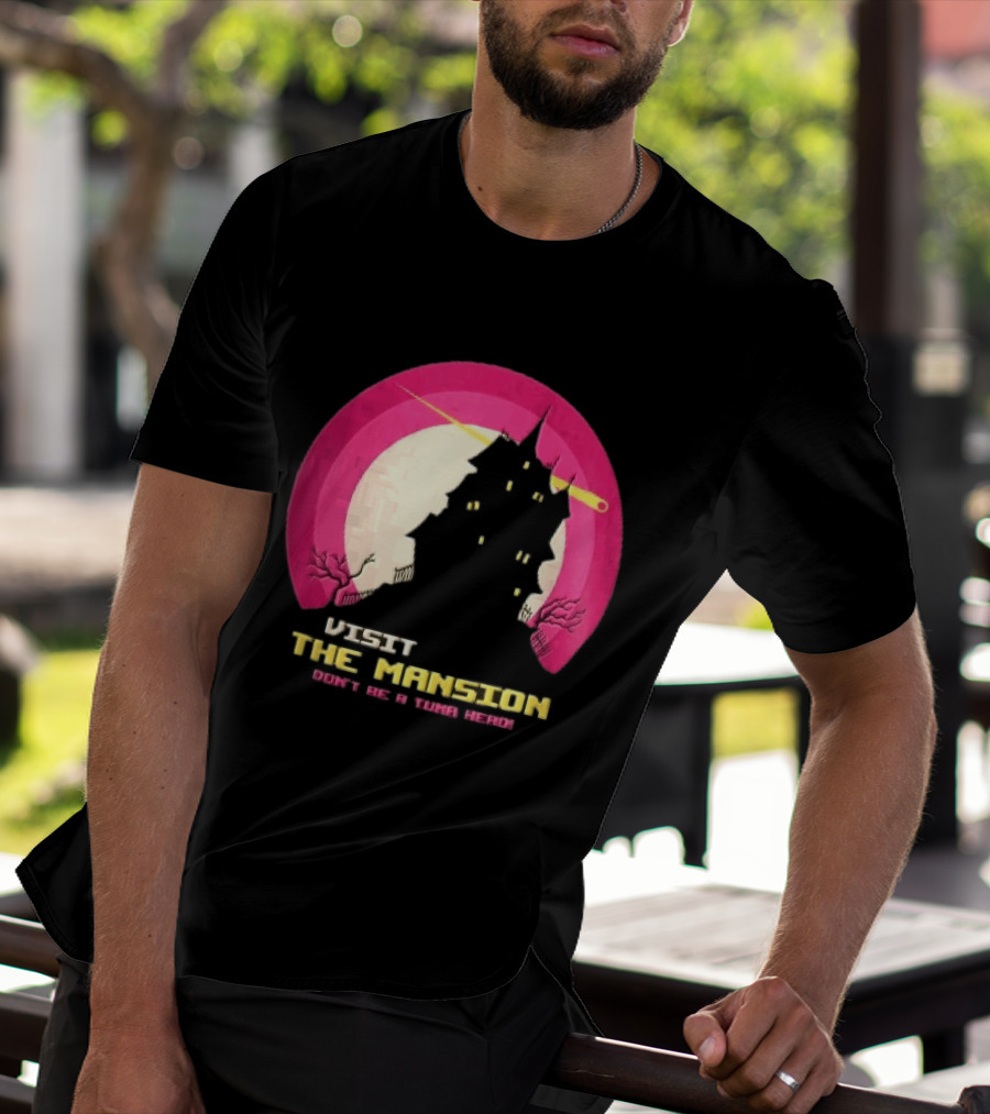 Visit The Mansion Don't Be A Tuna Head Pixel Spooky House Moon Skeleton Trees Yellow Meteor T-Shirt