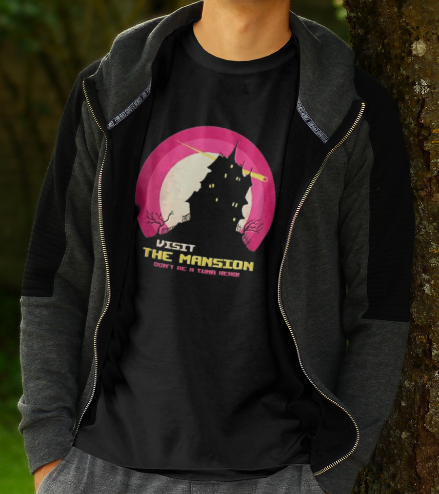 Visit The Mansion Don't Be A Tuna Head Pixel Spooky House Moon Skeleton Trees Yellow Meteor T-Shirt