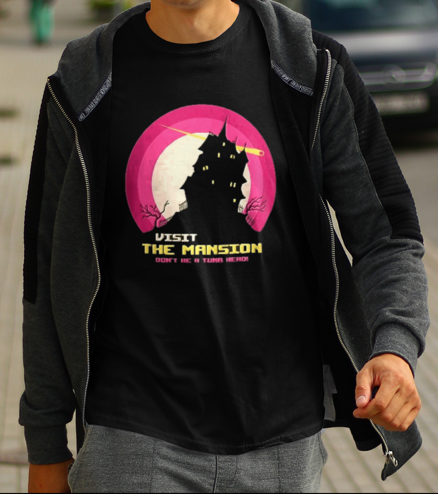 Visit The Mansion Don't Be A Tuna Head Pixel Spooky House Moon Skeleton Trees Yellow Meteor T-Shirt