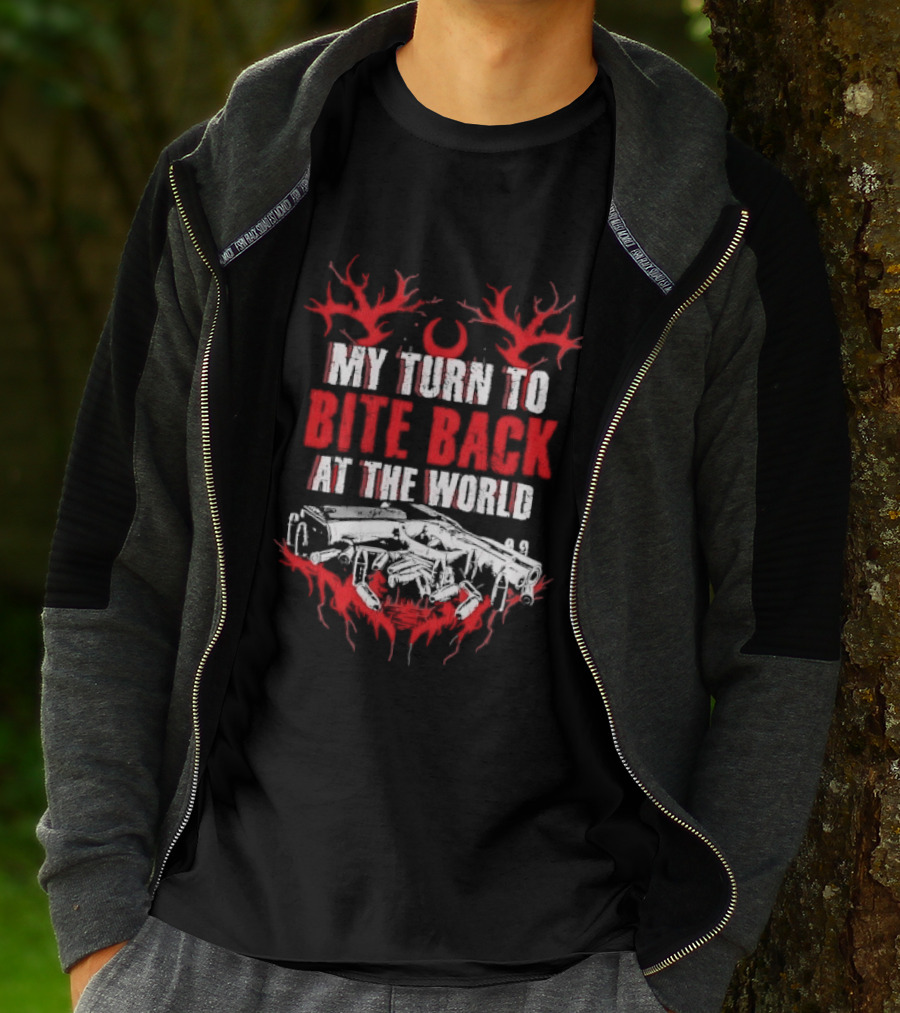 My Turn To Bite Back At The World Red And White Aggressive Weapon Anthem T-Shirt