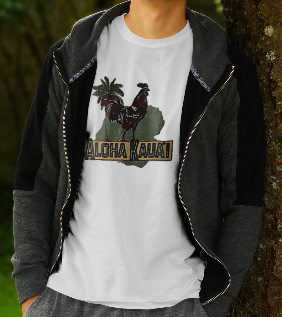 Aloha Kauai Red Rooster Palm Tree Island Map T-Shirt