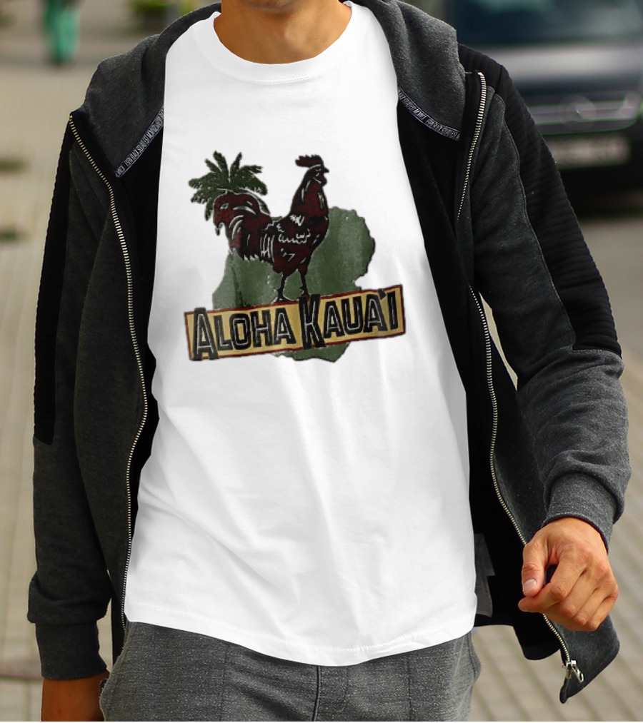 Aloha Kauai Red Rooster Palm Tree Island Map T-Shirt
