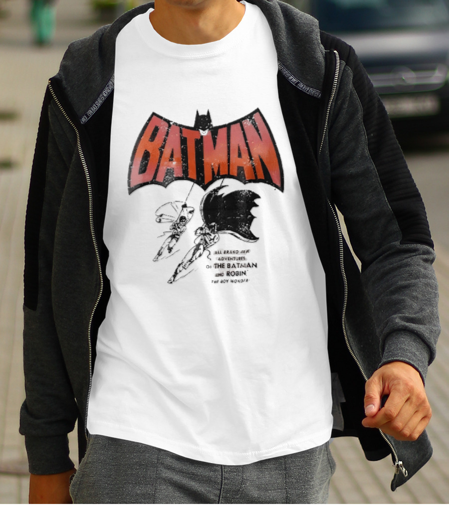 Batman All Brand New Adventures The And Robin Boy Wonder Distressed Line Swinging Capes T-Shirt
