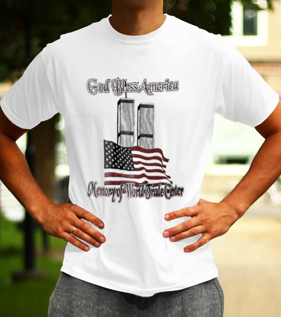 God Bless America World Trade Center Twin Towers US Flag T-Shirt