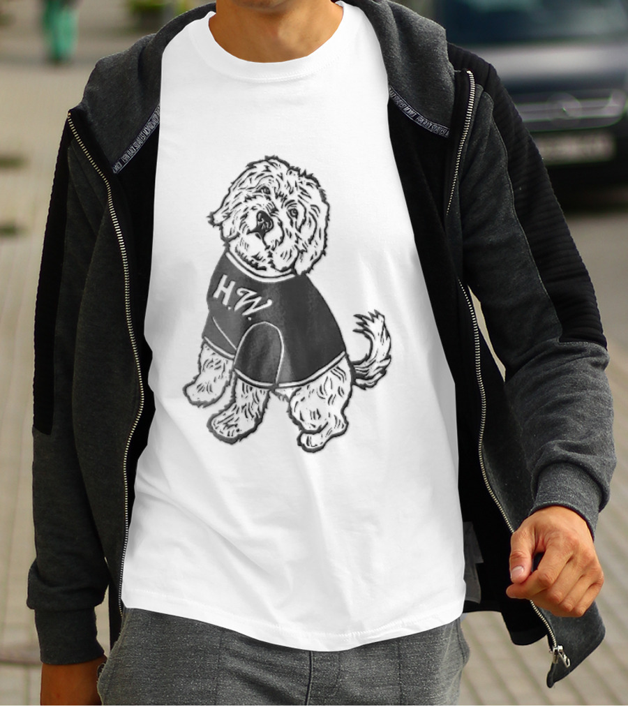 Hw Black White Line Fluffy Dog Sitting T-Shirt