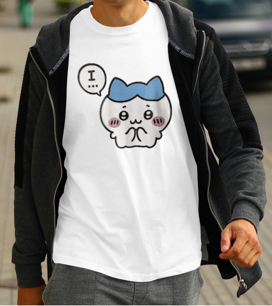 Shy White Cat With Blue Ears Blushing Expression Speech Bubble Text I T-Shirt