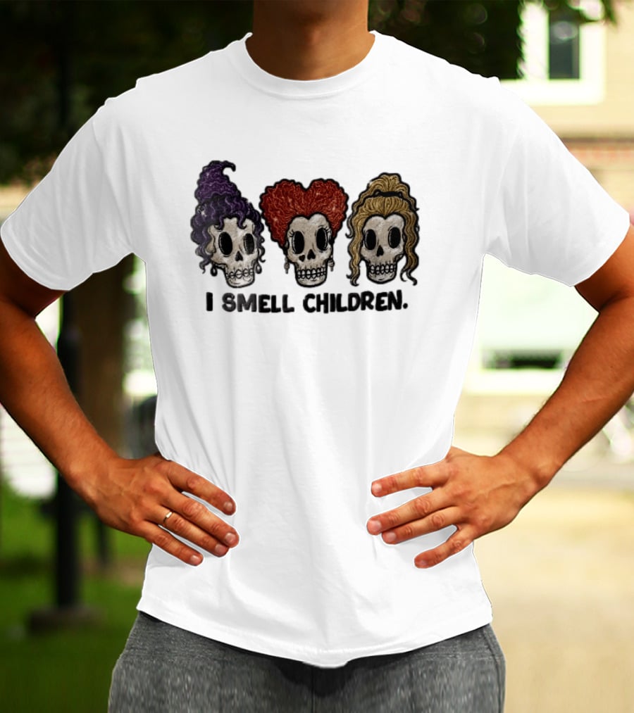 I Smell Children Witch Skulls Sparkle Embroidery Halloween T-Shirt