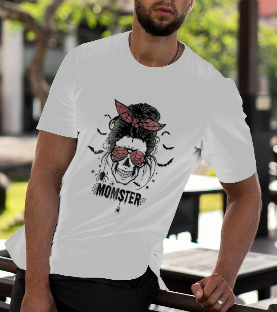 Momster Cartoon Skull Green Messy Bun Spiderweb Glasses T-Shirt