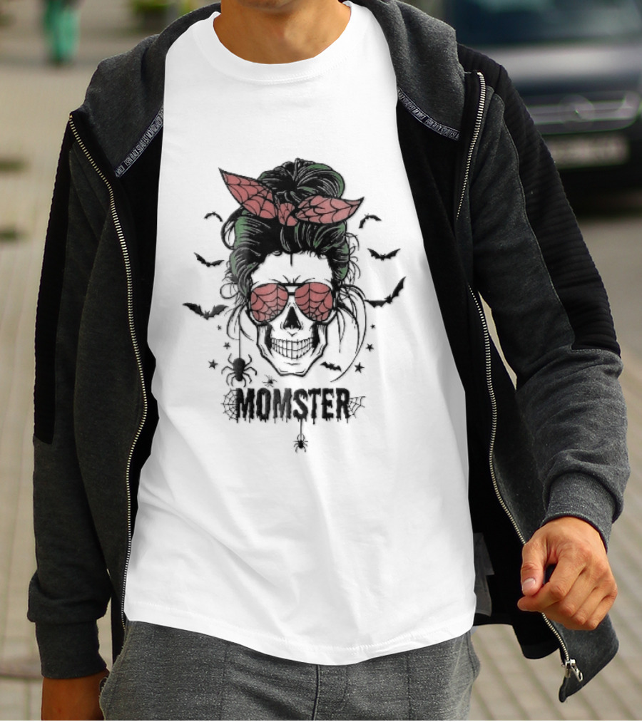 Momster Cartoon Skull Green Messy Bun Spiderweb Glasses T-Shirt