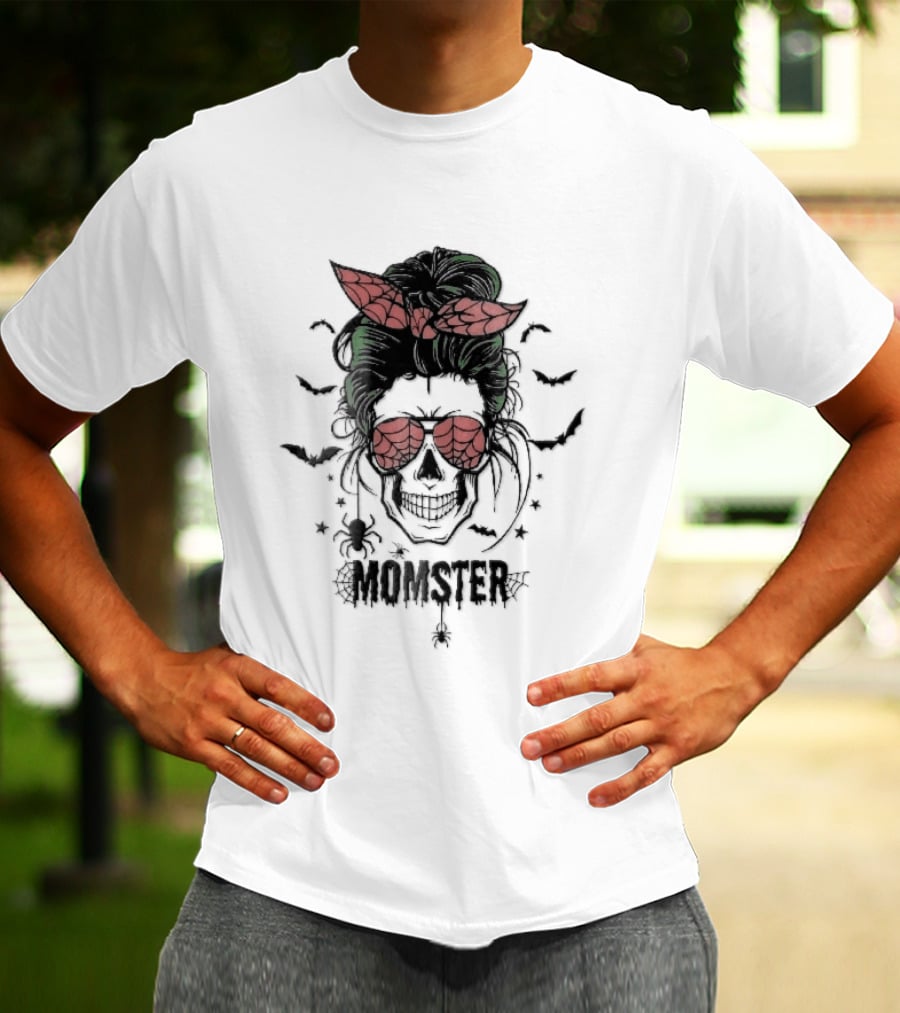 Momster Cartoon Skull Green Messy Bun Spiderweb Glasses T-Shirt