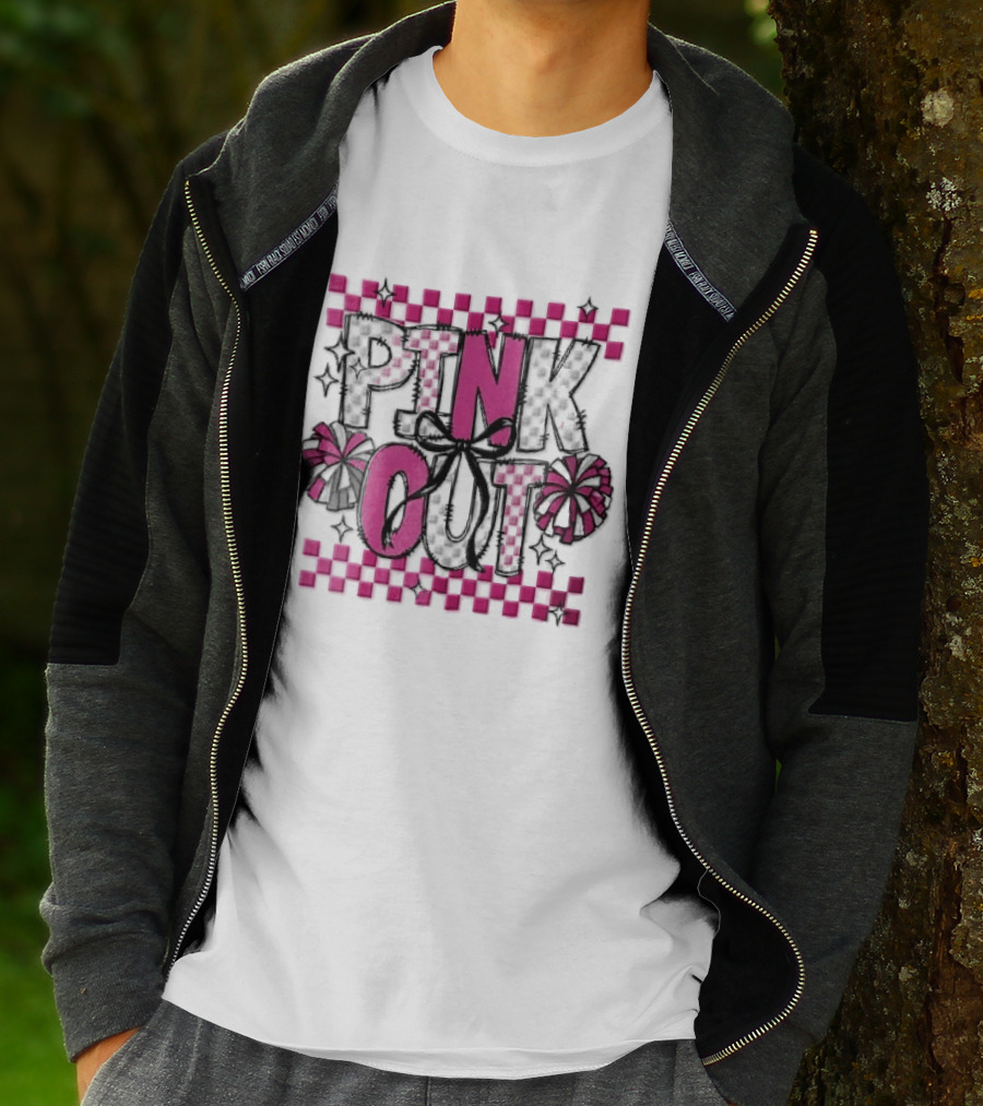 Pink Out Checkerboard Cheerleader Pom Poms Black Ribbon Bow Sparkles T-Shirt