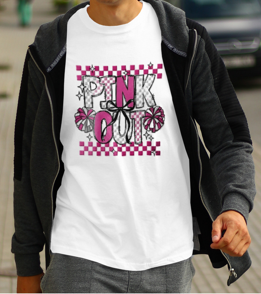 Pink Out Checkerboard Cheerleader Pom Poms Black Ribbon Bow Sparkles T-Shirt