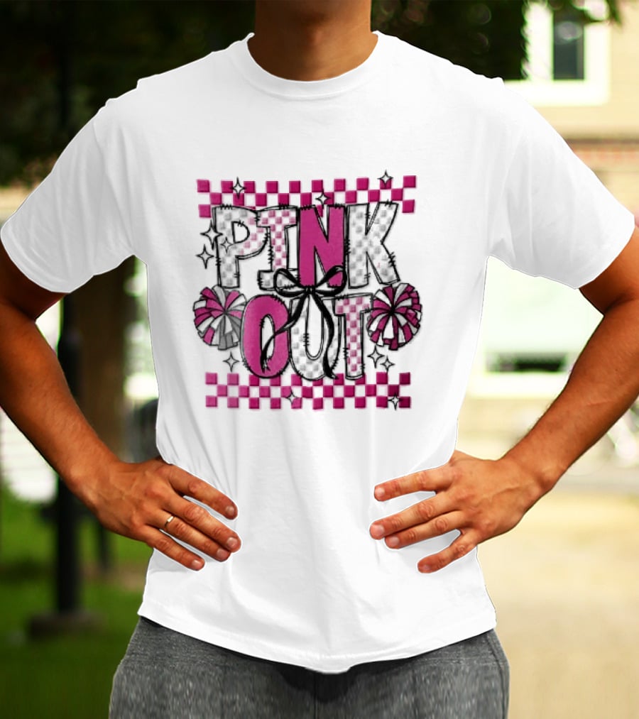Pink Out Checkerboard Cheerleader Pom Poms Black Ribbon Bow Sparkles T-Shirt