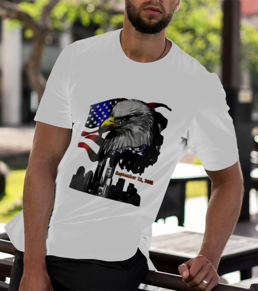 September 11 2001 Twin Towers New York Skyline Crying Bald Eagle American Flag T-Shirt