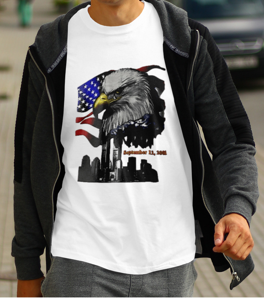 September 11 2001 Twin Towers New York Skyline Crying Bald Eagle American Flag T-Shirt