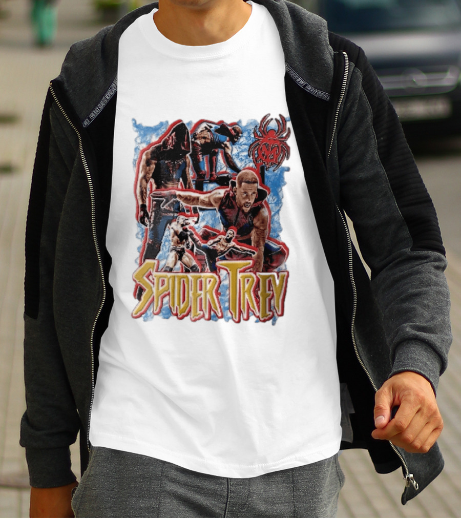 Spider Trey Professional Wrestler Action Collage With Blue Smoke And Red Spider T-Shirt