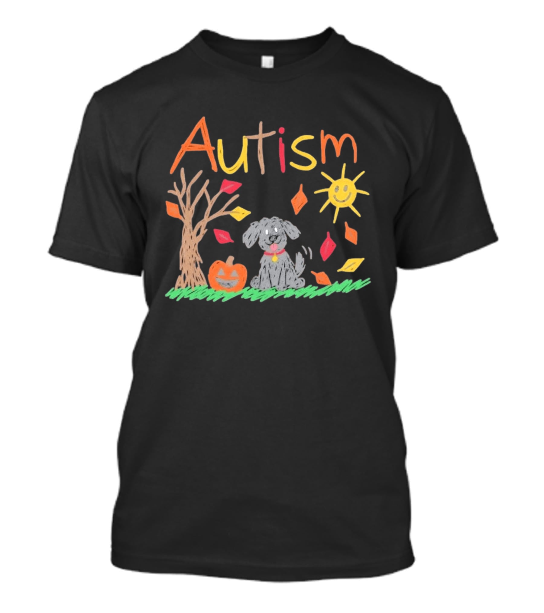 Autism Awareness Fall Puppy Pumpkin Autumn Leaves Sun Drawing T-Shirt