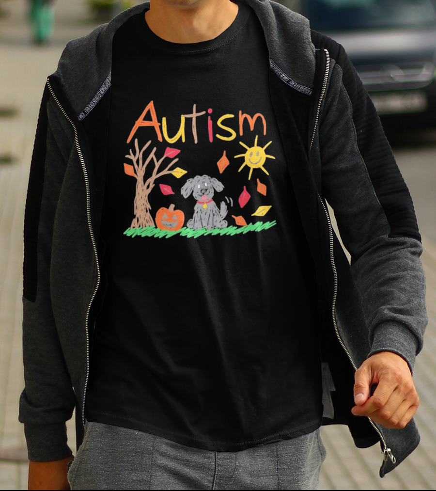Autism Awareness Fall Puppy Pumpkin Autumn Leaves Sun Drawing T-Shirt