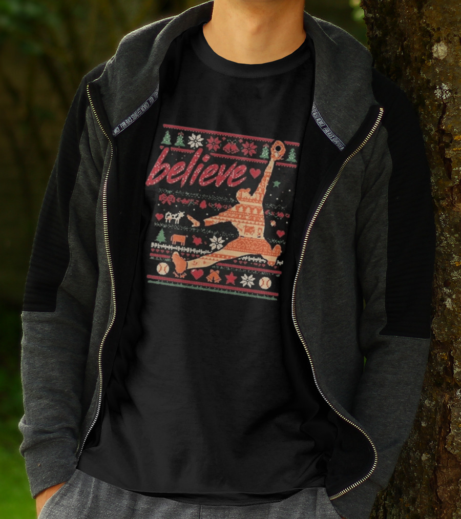 Believe Orioles Air Cowser Ugly Christmas Festive Sweater Baseball Catch T-Shirt