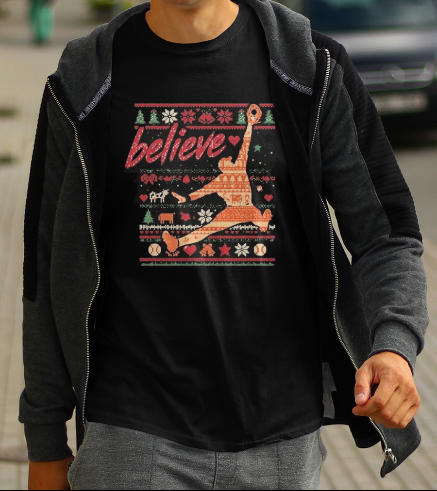 Believe Orioles Air Cowser Ugly Christmas Festive Sweater Baseball Catch T-Shirt