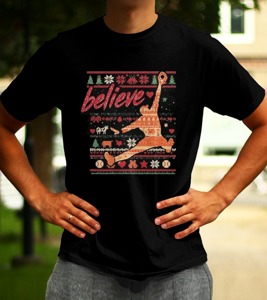Believe Orioles Air Cowser Ugly Christmas Festive Sweater Baseball Catch T-Shirt