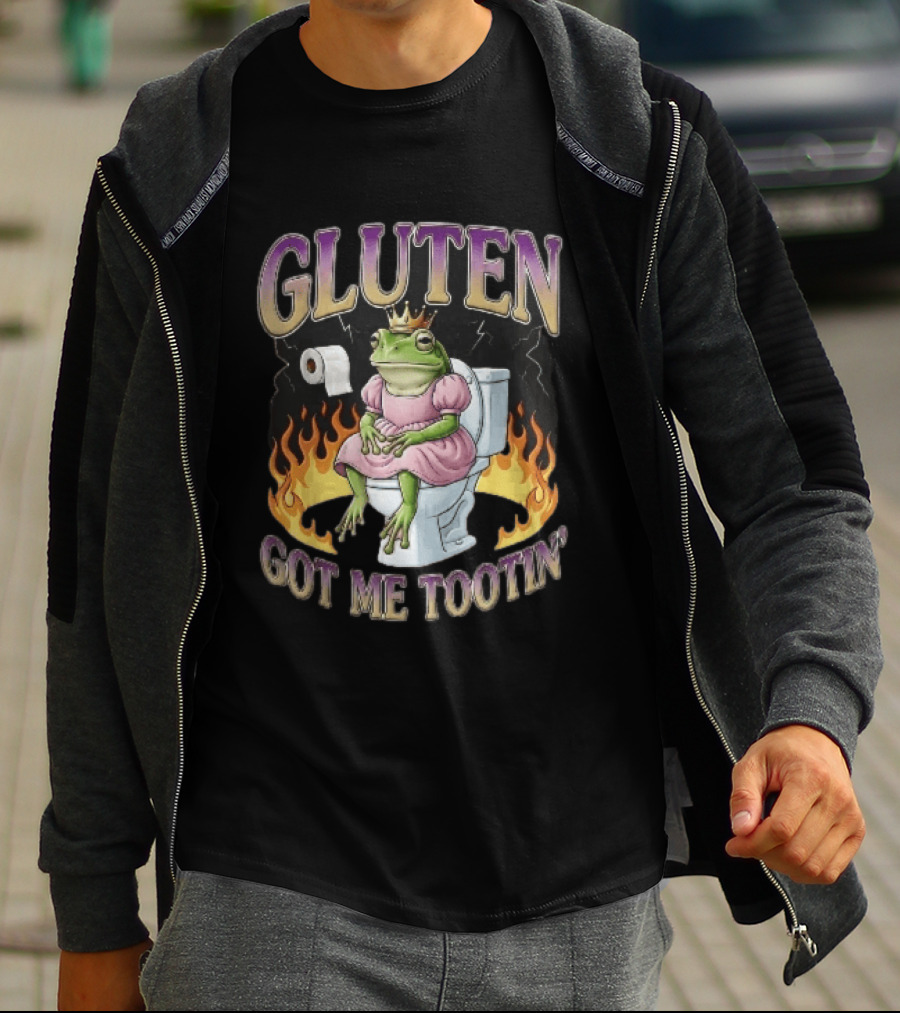 Gluten Got Me Tootin Cartoon Frog Princess Dress Toilet Flames T-Shirt