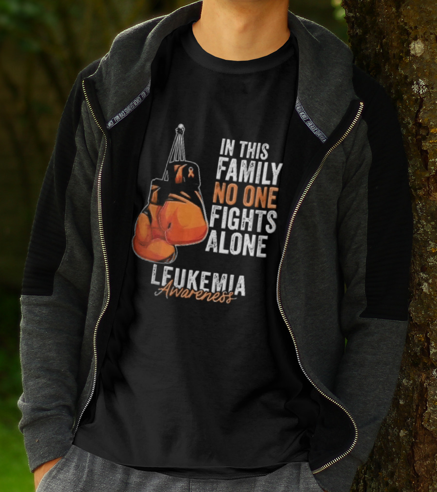 In This Family No One Fights Alone Leukemia Awareness Orange Boxing Gloves T-Shirt