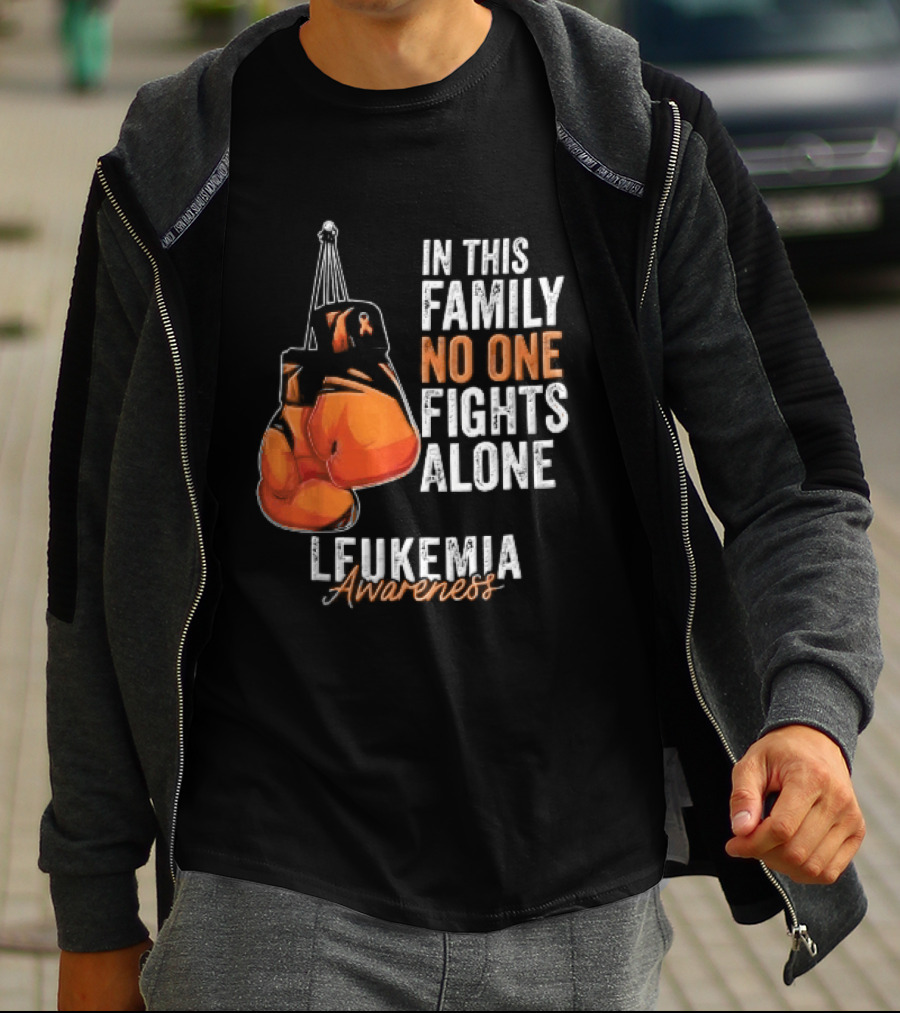 In This Family No One Fights Alone Leukemia Awareness Orange Boxing Gloves T-Shirt