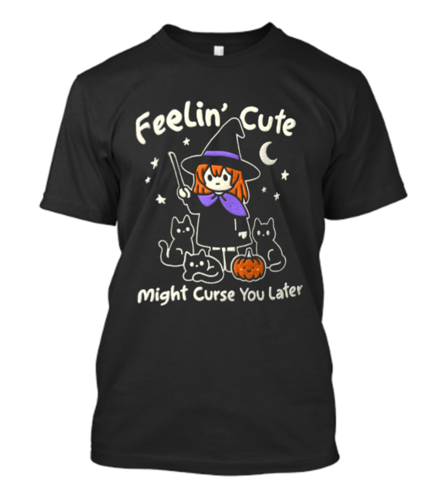 Feelin' Cute Might Curse You Later Witch Cat Pumpkin Moon Halloween T-Shirt