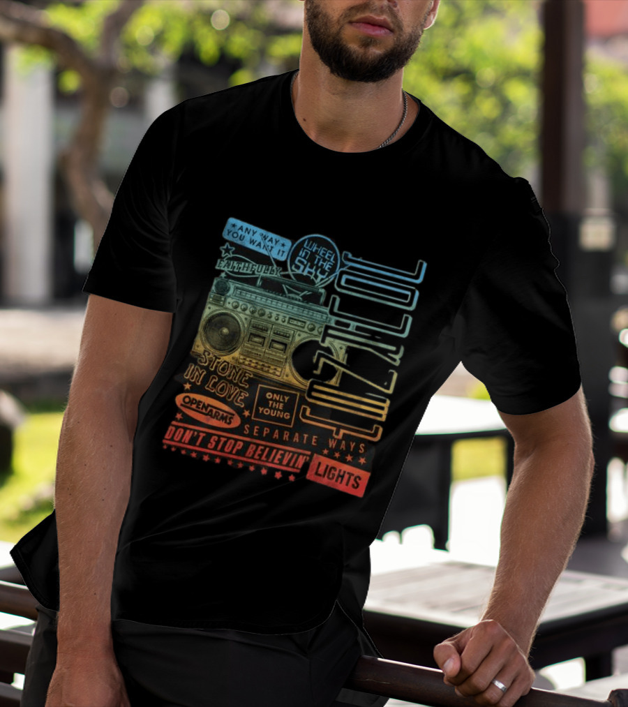 Journey Don't Stop Believin' Wheel In The Sky Stone In Love Open Arms Retro Radio T-Shirt
