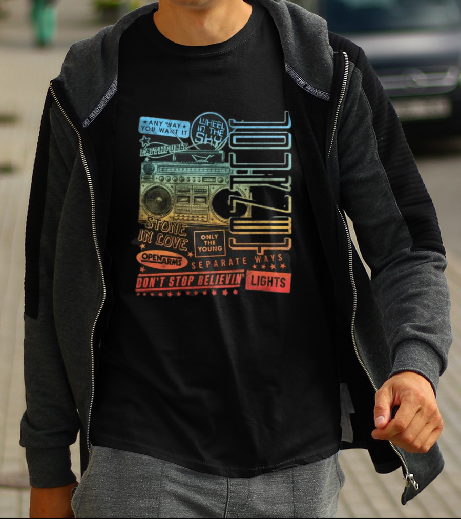 Journey Don't Stop Believin' Wheel In The Sky Stone In Love Open Arms Retro Radio T-Shirt