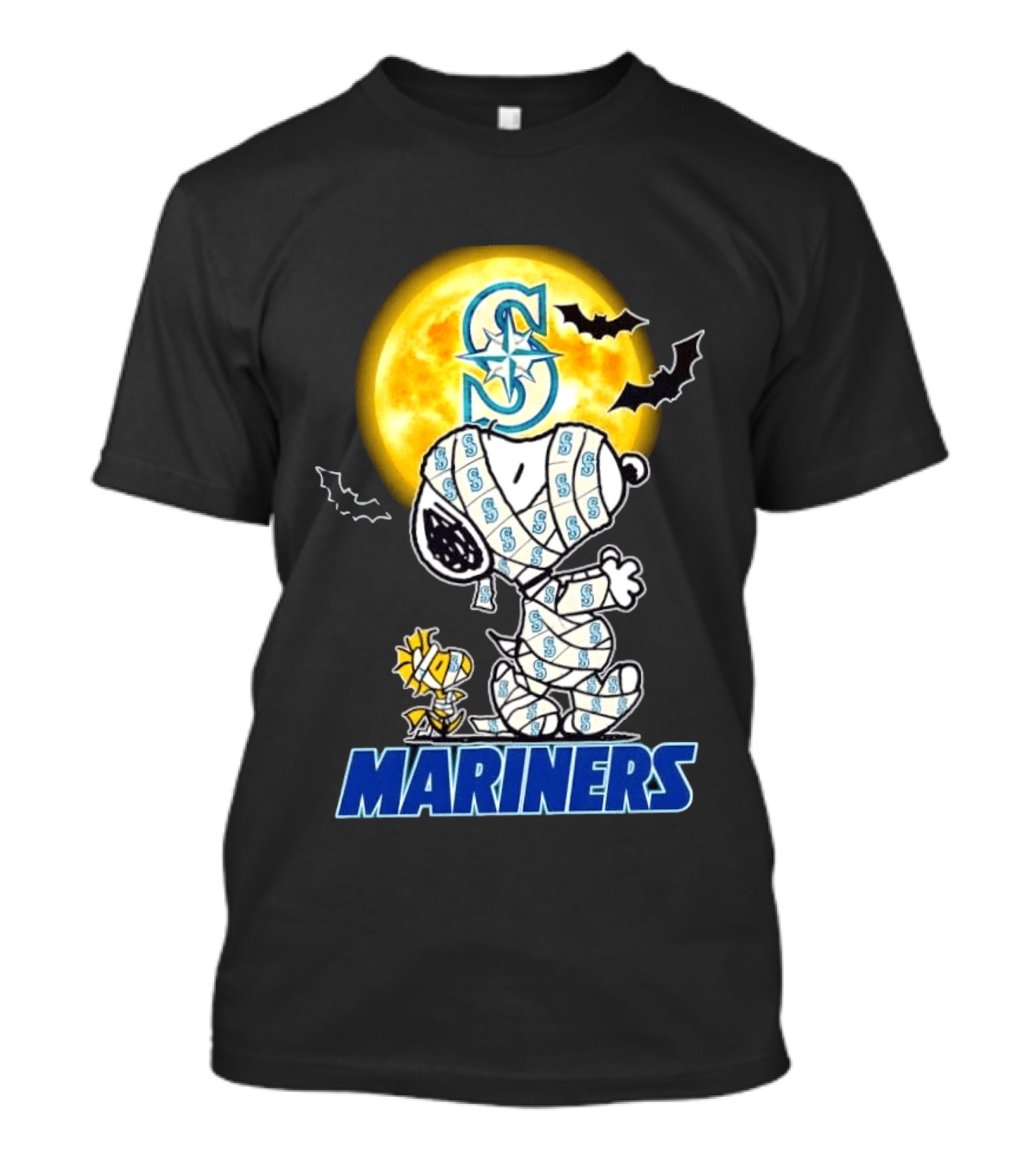 Seattle Mariners Snoopy Woodstock Halloween Mummy Cosplay Full Moon Bats T-Shirt