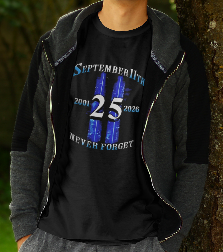 September 11th Never Forget 2001 2026 25 Twin Towers Glowing Blue Sky T-Shirt
