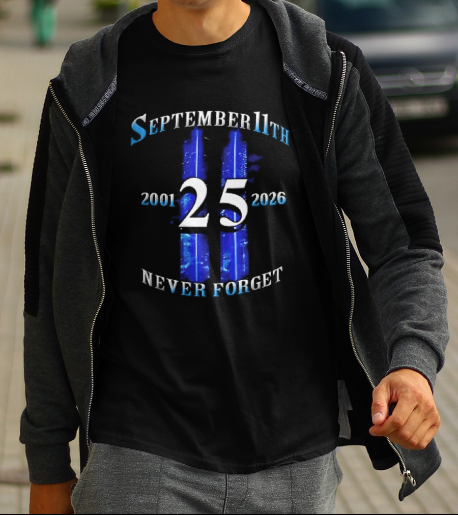 September 11th Never Forget 2001 2026 25 Twin Towers Glowing Blue Sky T-Shirt