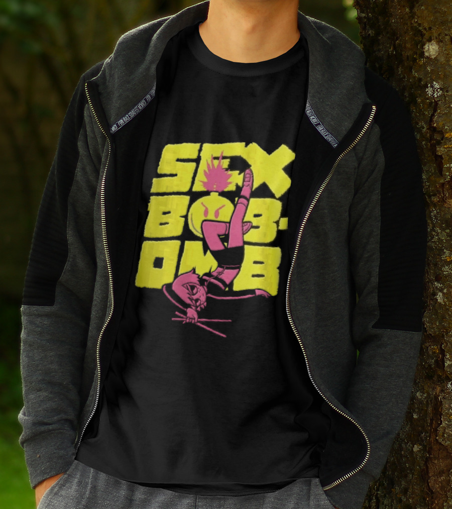 Sex Bob Omb Inverted Pink Cartoon Drummer With Drumsticks Bold Yellow T-Shirt
