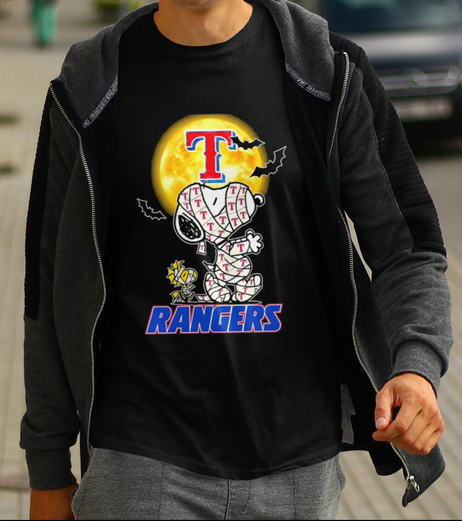 Texas Rangers Snoopy Woodstock Mummy Halloween Collaboration T-Shirt