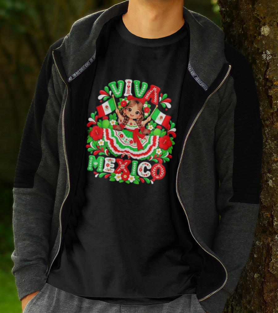 Viva Mexico Girl Festive Mexican Flags Floral Celebration T-Shirt