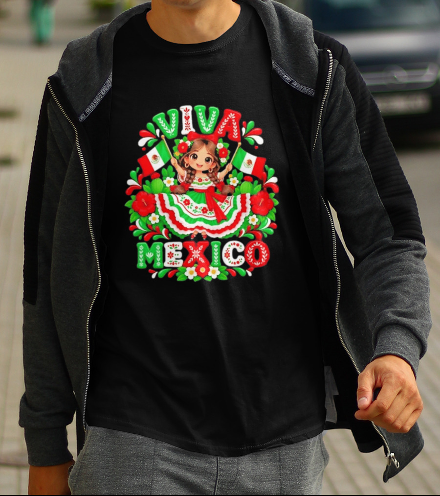 Viva Mexico Girl Festive Mexican Flags Floral Celebration T-Shirt