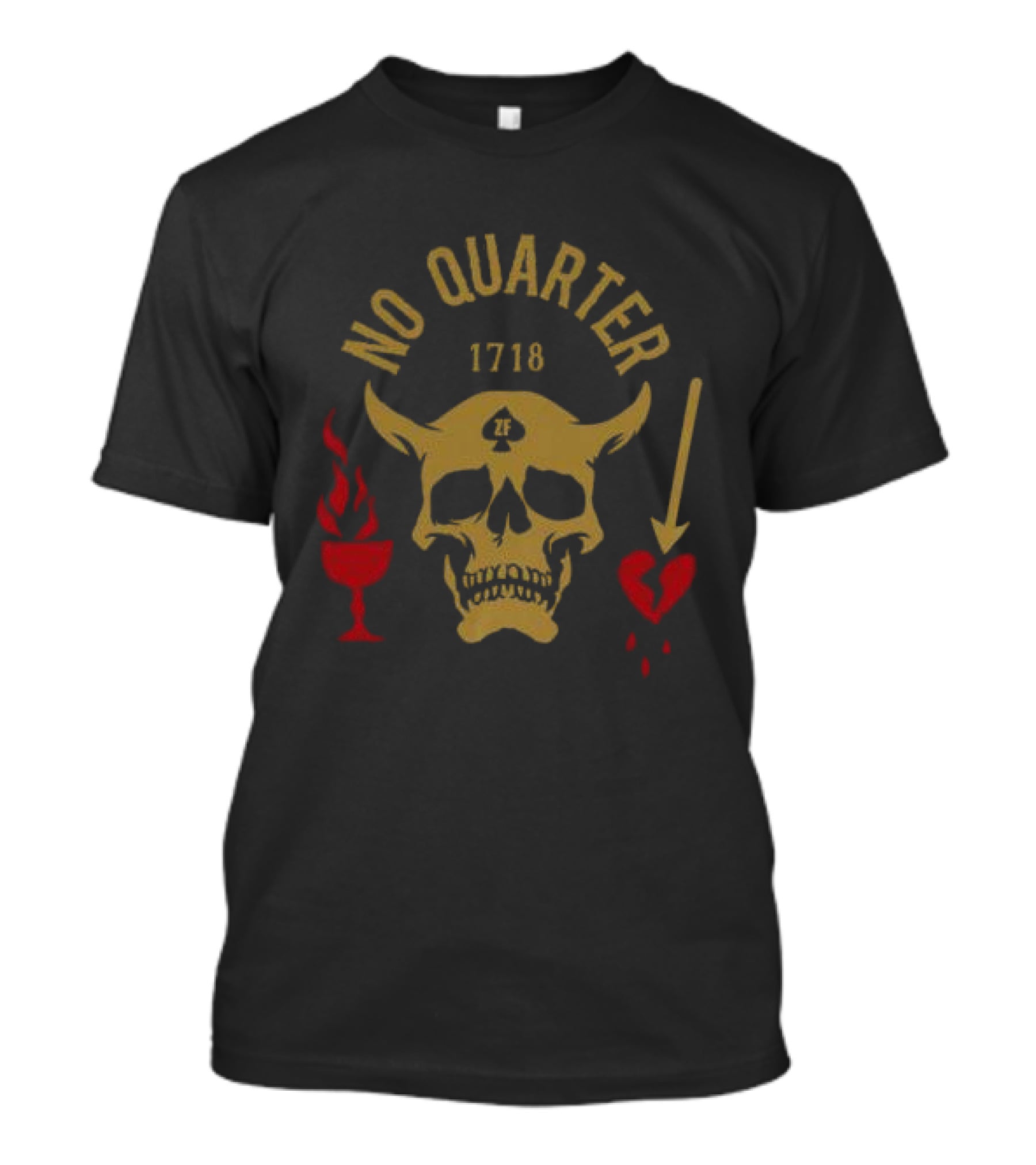 No Quarter 1718 Skull Red Heart Flame Arrow T-Shirt