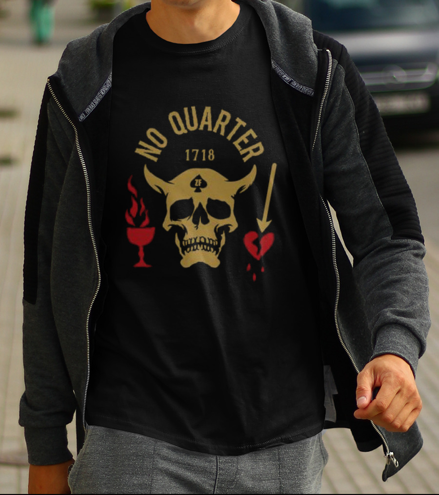 No Quarter 1718 Skull Red Heart Flame Arrow T-Shirt