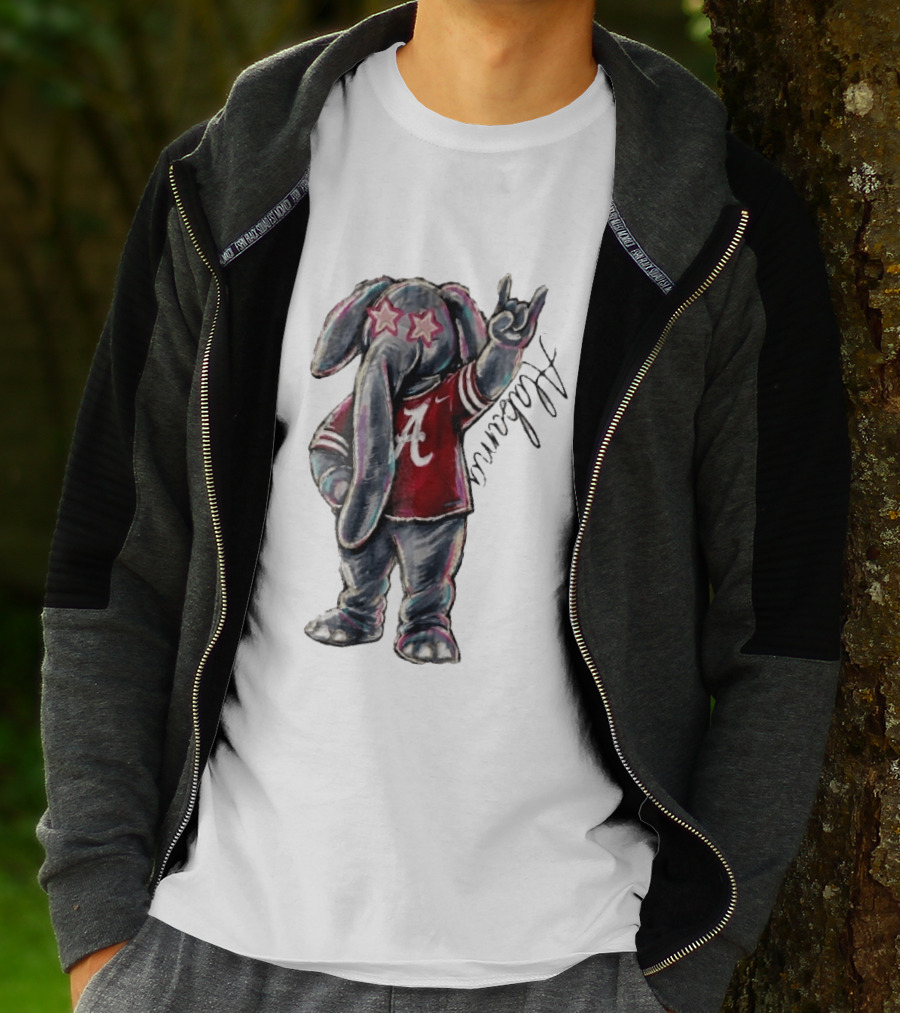 Alabama Crimson Tide Elephant Pink Star Glasses Hand Sign Sketch T-Shirt