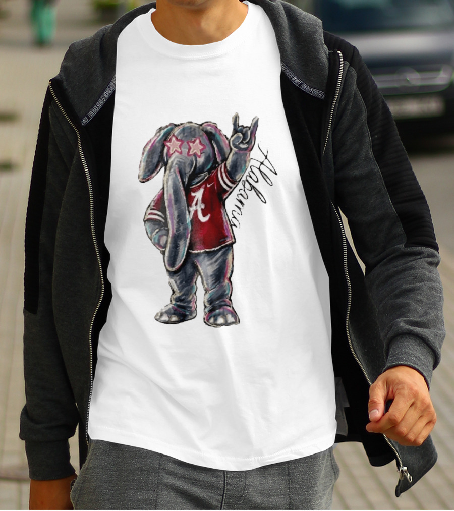 Alabama Crimson Tide Elephant Pink Star Glasses Hand Sign Sketch T-Shirt