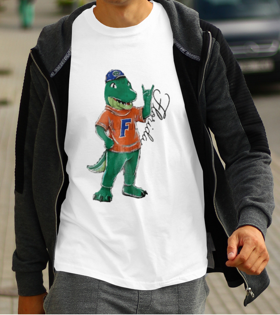 Florida Gators NCAA Albert Mascot Cartoon Alligator Raising Hand T-Shirt