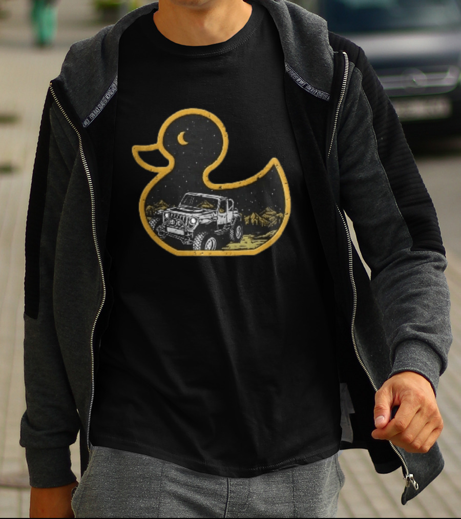 Distressed Yellow Duck Jeep Mountains Night Sky Crescent Moon T-Shirt